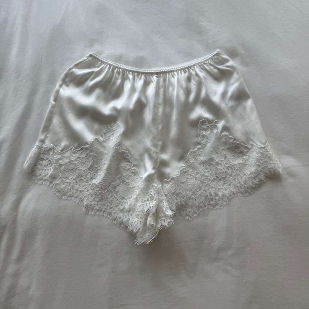 White real silk lace shorts with lace trim